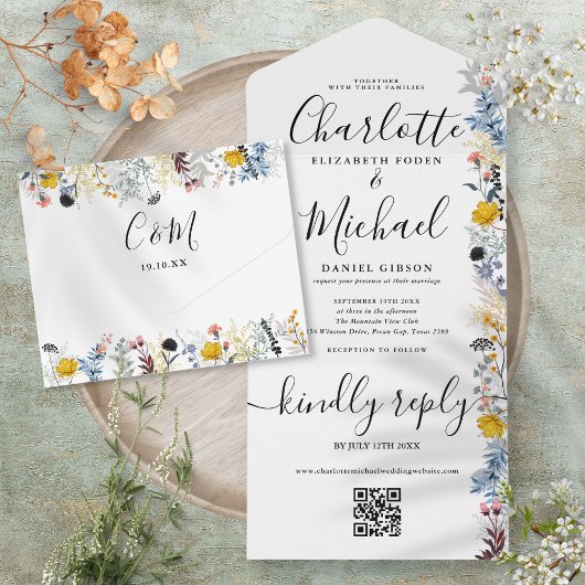 Tuin Bloem QR Code Handtekening Script Bruiloft All In One Uitnodiging