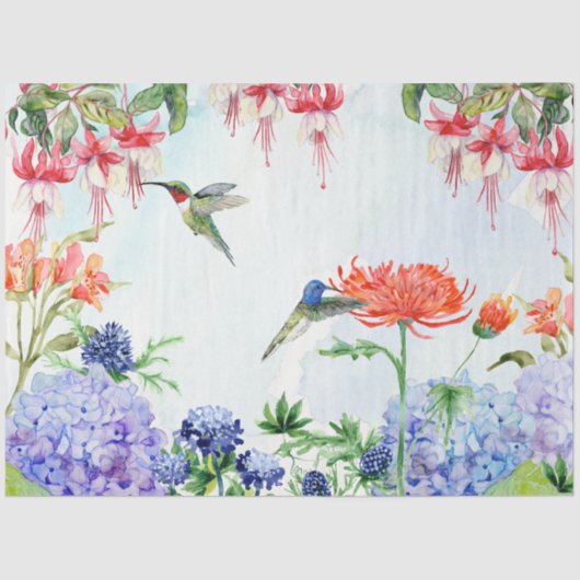 Tuin Bloemen Hummingbird Waterverf Decoupage Tissuepapier (Voorkant)