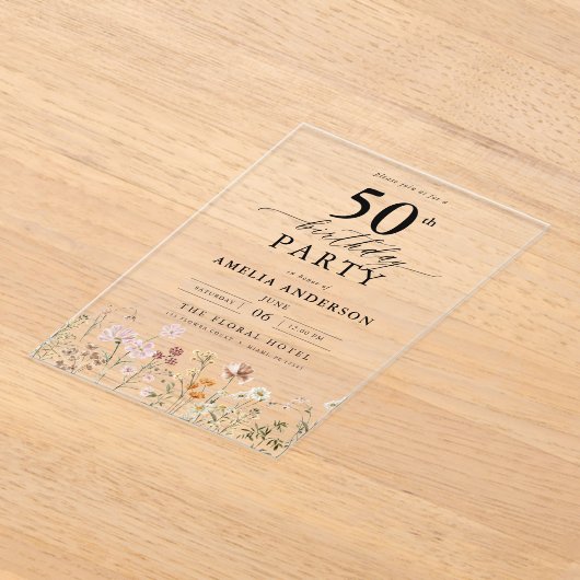 Tuin Bloemen Kalligrafie 50ste verjaardag Acryl Uitnodigingen (Laagn)