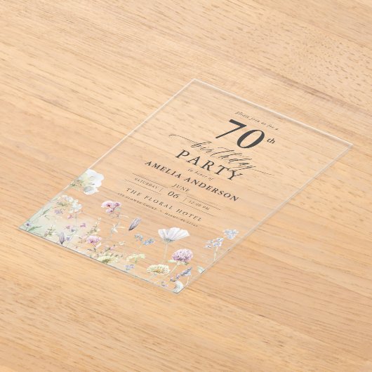 Tuin Bloemen Kalligrafie 70ste verjaardag Acryl Uitnodigingen (Laagn)