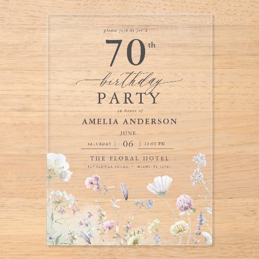 Tuin Bloemen Kalligrafie 70ste verjaardag Acryl Uitnodigingen (Voorkant)