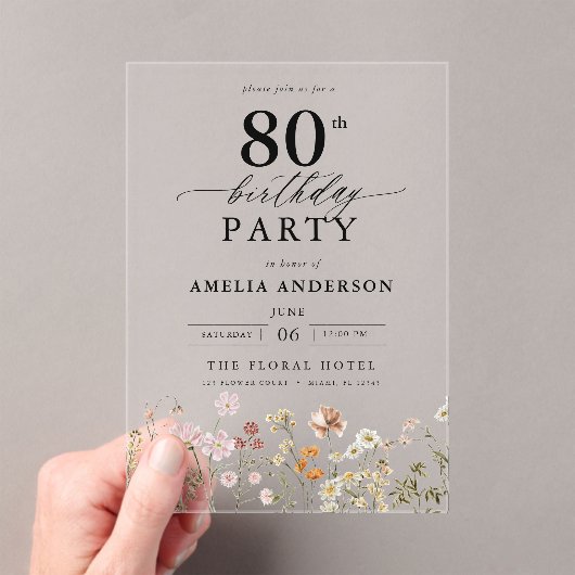Tuin Bloemen Kalligrafie 80ste verjaardag Acryl Uitnodigingen (Insitu (Draagbaar))