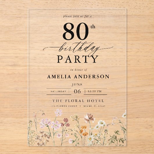 Tuin Bloemen Kalligrafie 80ste verjaardag Acryl Uitnodigingen (Voorkant)