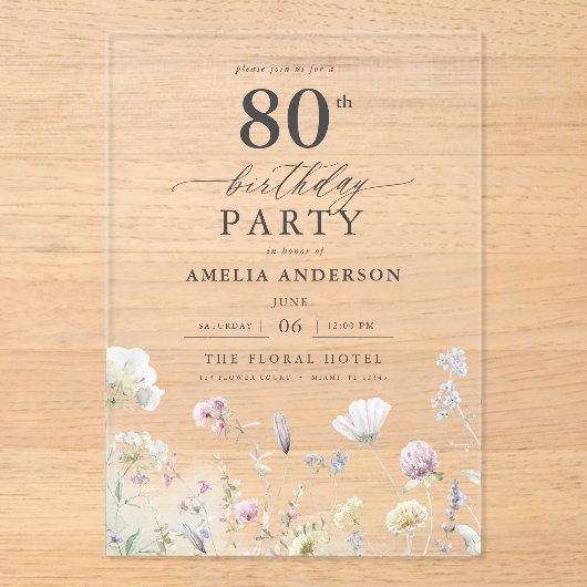 Tuin Bloemen Kalligrafie 80ste verjaardag Acryl Uitnodigingen (Voorkant)