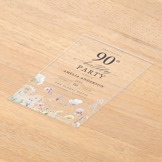 Tuin Bloemen Kalligrafie 90ste verjaardag Acryl Uitnodigingen (Laagn)