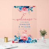 Tuin Bloemen Script Bruiloft Welkom Blauw & Roze Acryl Bord (Huwelijk)