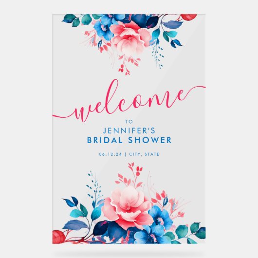Tuin Bloemen Vrijgezellenfeest Welkom Blauw Roze Acryl Bord (Voorkant)
