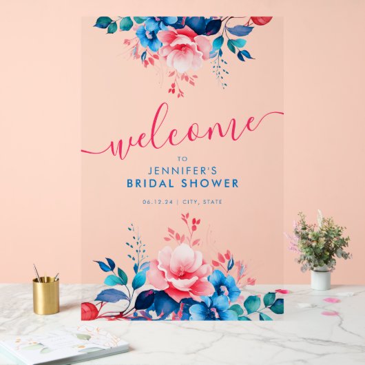 Tuin Bloemen Vrijgezellenfeest Welkom Blauw Roze Acryl Bord (Huwelijk)