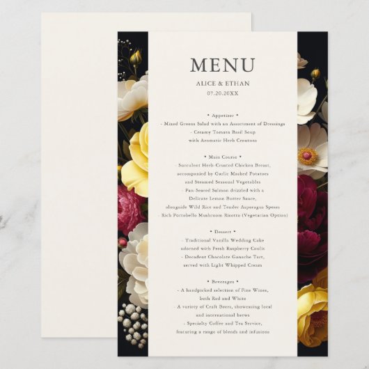 Tuin Bloom Donker Bruiloft Menu (Voorkant / Achterkant)