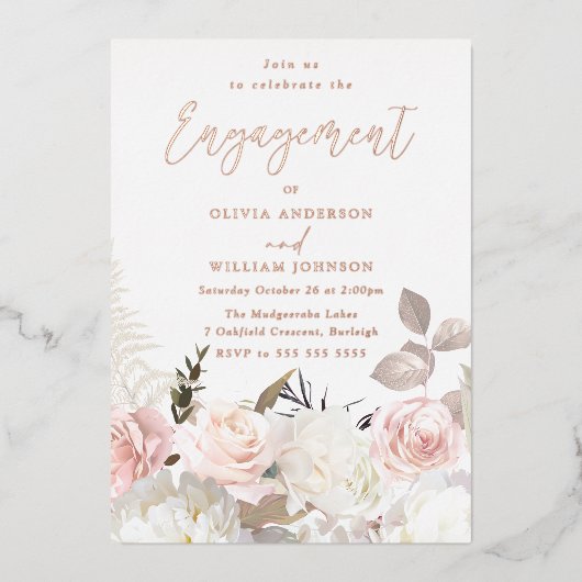 Tuin Blush Bloemen Roos Goud Verlovingsfeest Folie Uitnodiging (Voorkant)