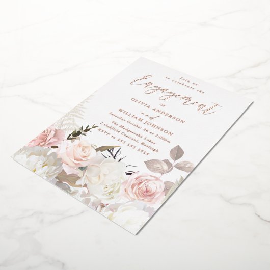 Tuin Blush Bloemen Roos Goud Verlovingsfeest Folie Uitnodiging (Gedraaid)