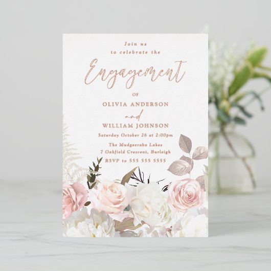 Tuin Blush Bloemen Roos Goud Verlovingsfeest Folie Uitnodiging (Staand Voorkant)