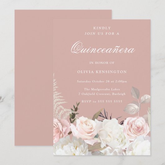 Tuin Blush & Wit Bloemen Quinceanera Party Kaart (Voorkant / Achterkant)