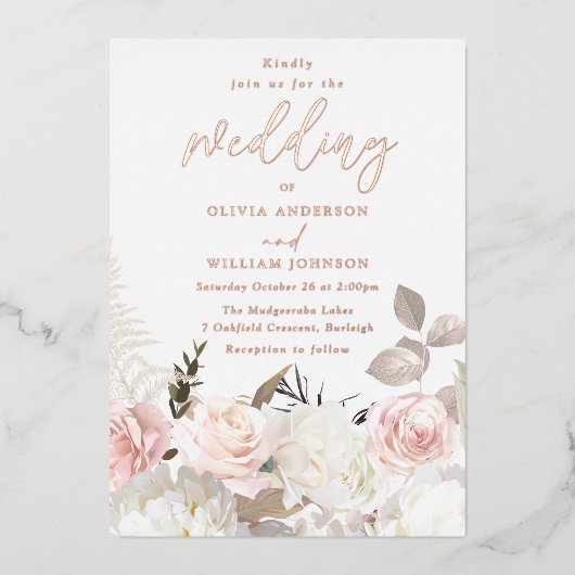 Tuin Blush & Wit Bloemen Roos Gouden Bruiloft Folie Uitnodiging (Voorkant)