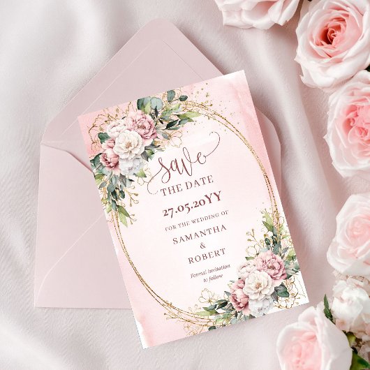 Tuin Boho Stof Roze Bloemen Bewaar De Datum Save The Date