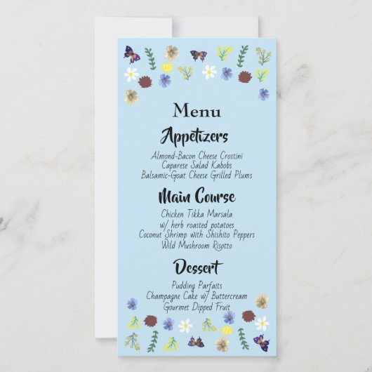 Tuin bruiloftsmenu in blauw met botanische bloemen (Voorkant)