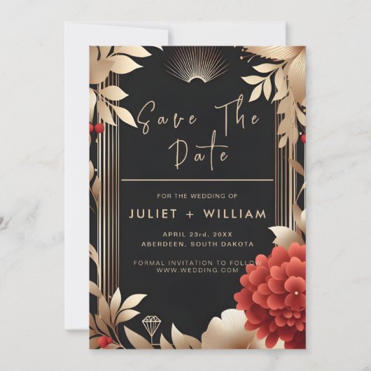 Tuin Diamond Rood Zwart En Goud Bruiloft Save The Date (Voorkant)