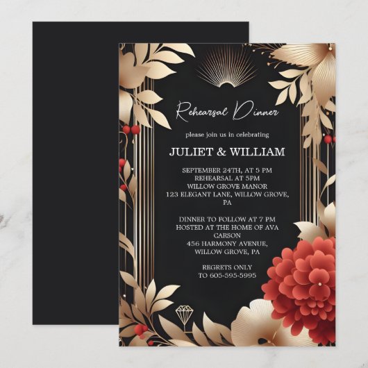 Tuin Diamond Rood Zwart En Goud Repetitie Diner Kaart (Voorkant / Achterkant)