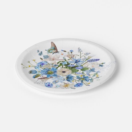 Tuin en tropische blauwe bloemen boeket. papieren bordje (Gekanteld)