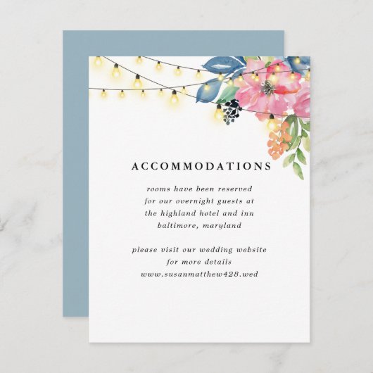 Tuin Feest Bloemen & Twinkle Lichten Blauw Bruilof Informatiekaartje (Voorkant / Achterkant)