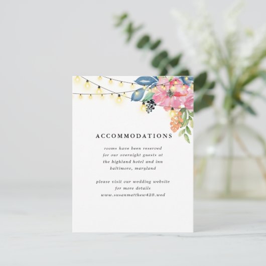 Tuin Feest Bloemen & Twinkle Lichten Blauw Bruilof Informatiekaartje (Staand voorkant)