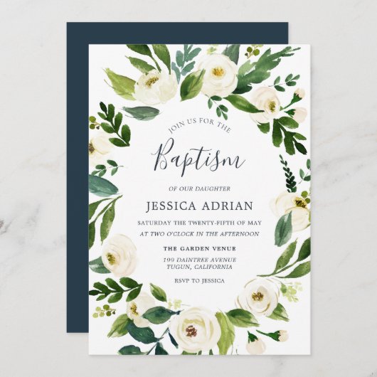 Tuin Floral Wreath Baptism Invitation Kaart (Voorkant / Achterkant)