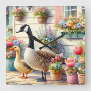 Tuin Ganzen Lente Illustratie Cottage Vierkante Klok