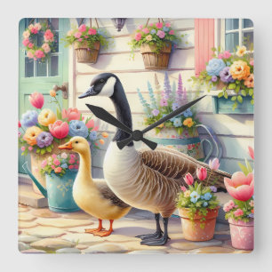 Tuin Ganzen Lente Illustratie Cottage Vierkante Klok