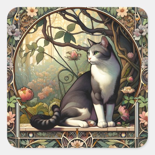 Tuin Gateway Art Nouveau Cat Vierkante Sticker (Voorkant)