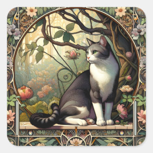 Tuin Gateway Art Nouveau Cat Vierkante Sticker