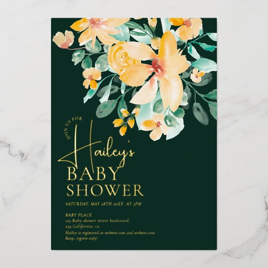  tuin geel groen bloemenbaby shower folie uitnodiging (Voorkant)