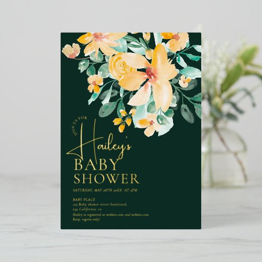  tuin geel groen bloemenbaby shower folie uitnodiging (Staand Voorkant)