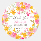 Tuin geel roze bloem waterverf bruiloftsdouche ronde sticker (Voorkant)