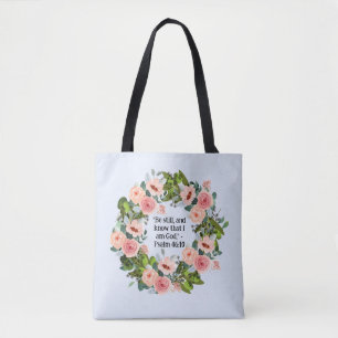 Tuin-geïnspireerd roze bloemenkrans serene citaat tote bag