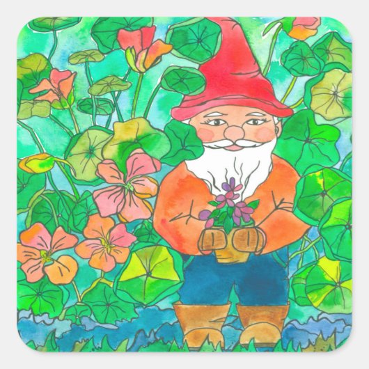 Tuin Gnome Nasturtium Bloemen Vierkante Sticker (Voorkant)