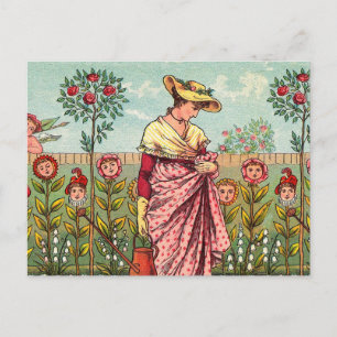 Tuin Groei Bloem Vrouw Kunst Antiek Briefkaart