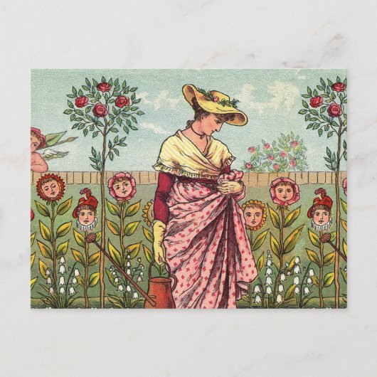 Tuin Groei Bloem Vrouw Kunst Antiek Briefkaart (Voorkant)