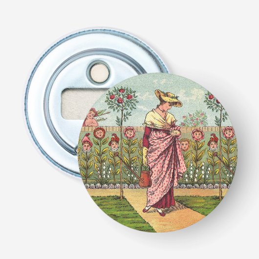 Tuin Groei Bloem Vrouw Kunst Antiek Button Flesopener (Voorkant)