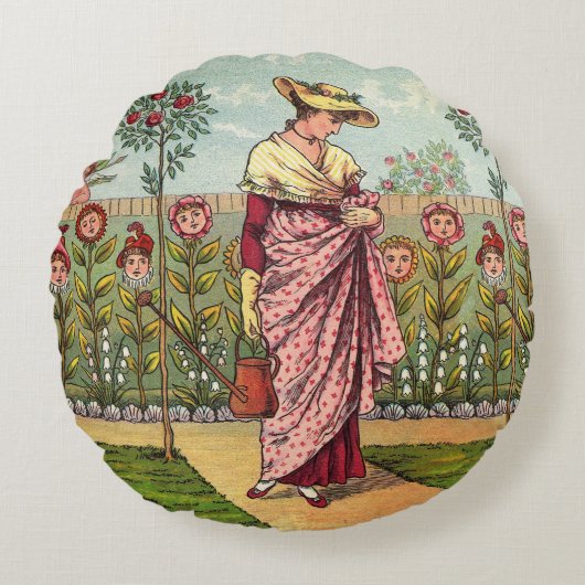Tuin Groei Bloem Vrouw Kunst Antiek Rond Kussen (Voorkant)