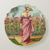 Tuin Groei Bloem Vrouw Kunst Antiek Rond Kussen (Achterkant)