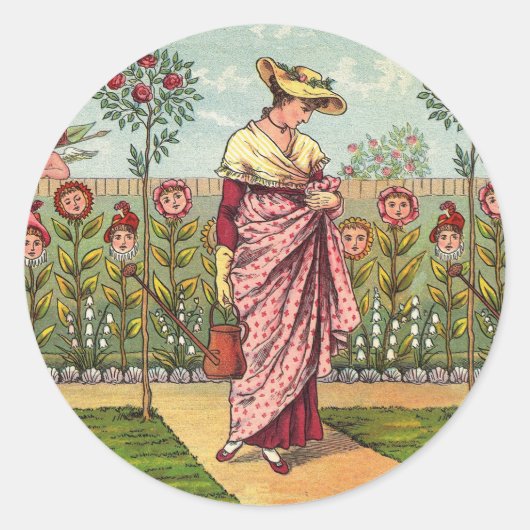 Tuin Groei Bloem Vrouw Kunst Antiek Ronde Sticker (Voorkant)