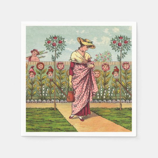 Tuin Groei Bloem Vrouw Kunst Antiek Servet (Voorkant)