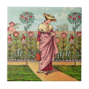 Tuin Groei Bloem Vrouw Kunst Antiek Tegeltje
