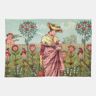 Tuin Groei Bloem Vrouw Kunst Antiek Theedoek