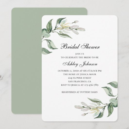 Tuin groene bladeren. Uitnodiging voor bruidsdouch (Voorkant / Achterkant)