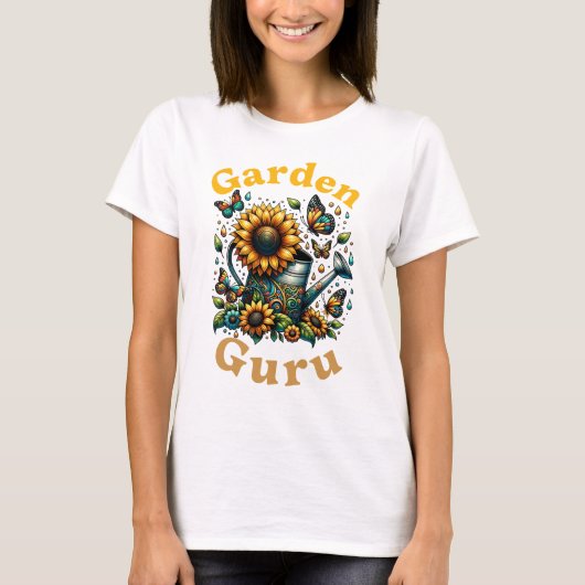 Tuin Guru Watering Can en Zonnebloemen Wit T-shirt (Voorkant)