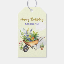 Tuin kruiwagen met bloemen Gefeliciteerd met je ve Cadeaulabel