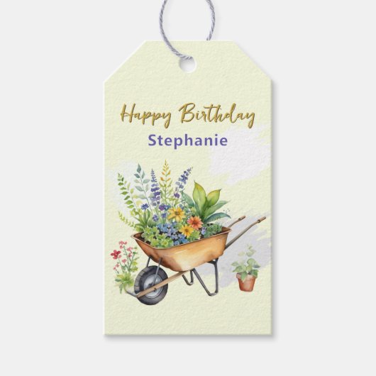 Tuin kruiwagen met bloemen Happy Birthday Cadeaulabel (Voorkant)