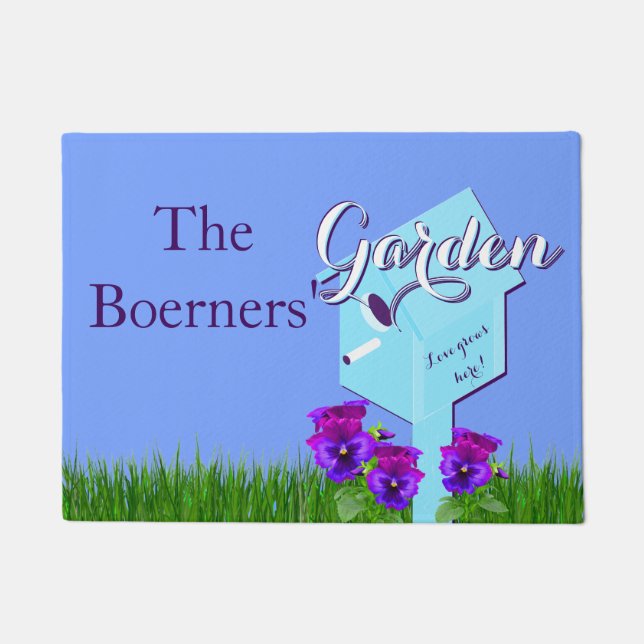 Tuin "Liefde groeit hier!" Vogelhuis Pansies Deurmat (Voorkant)