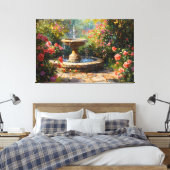 Tuin met bloeiende Rozen en waterfontein Canvas Afdruk (Insitu (Slaapkamer))